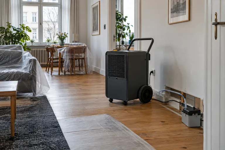 Bautrockner und geordnete Kondensatableitung in einer Wohnung – Symbolbild