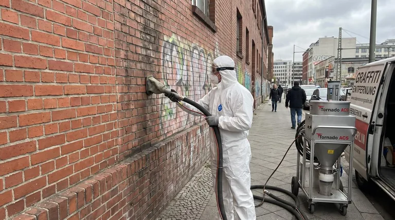 Graffiti entfernen – Professionelle Graffitientfernung mit Tornado ACS Vakuumstrahlverfahren an Berliner Klinkerfassade Graffiti entfernen – Professionelle Graffitientfernung mit Tornado ACS Vakuumstrahlverfahren an Berliner Klinkerfassade