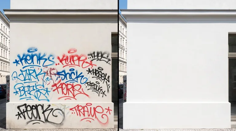 Graffiti entfernen Vorher-Nachher – Professionelle Graffitientfernung an Putzfassade mit rückstandslosem Ergebnis Graffiti entfernen Vorher-Nachher – Professionelle Graffitientfernung an Putzfassade mit rückstandslosem Ergebnis