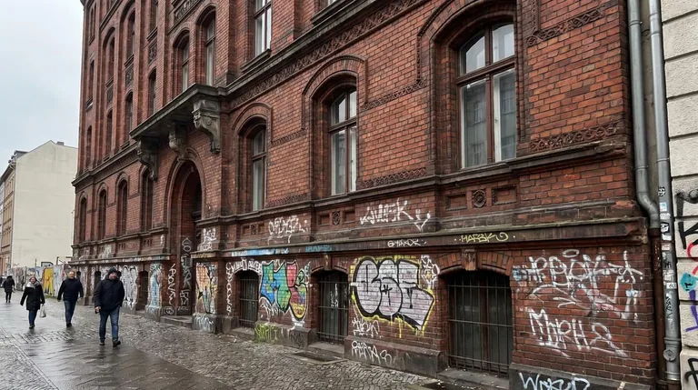 Graffiti auf Klinkerfassade eines Altbaus in Berlin-Kreuzberg