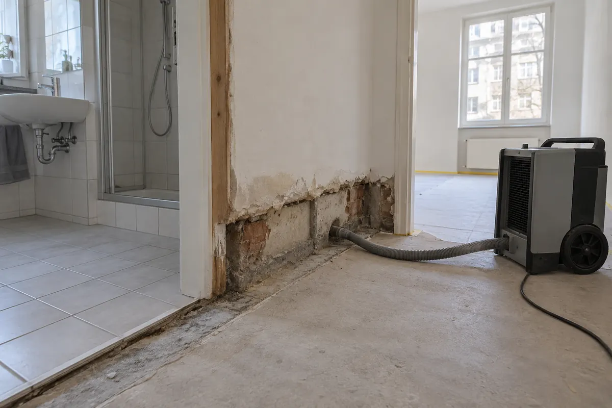 Geöffneter Wand- und Bodenbereich am Badezimmer mit kompakter Trocknungstechnik.