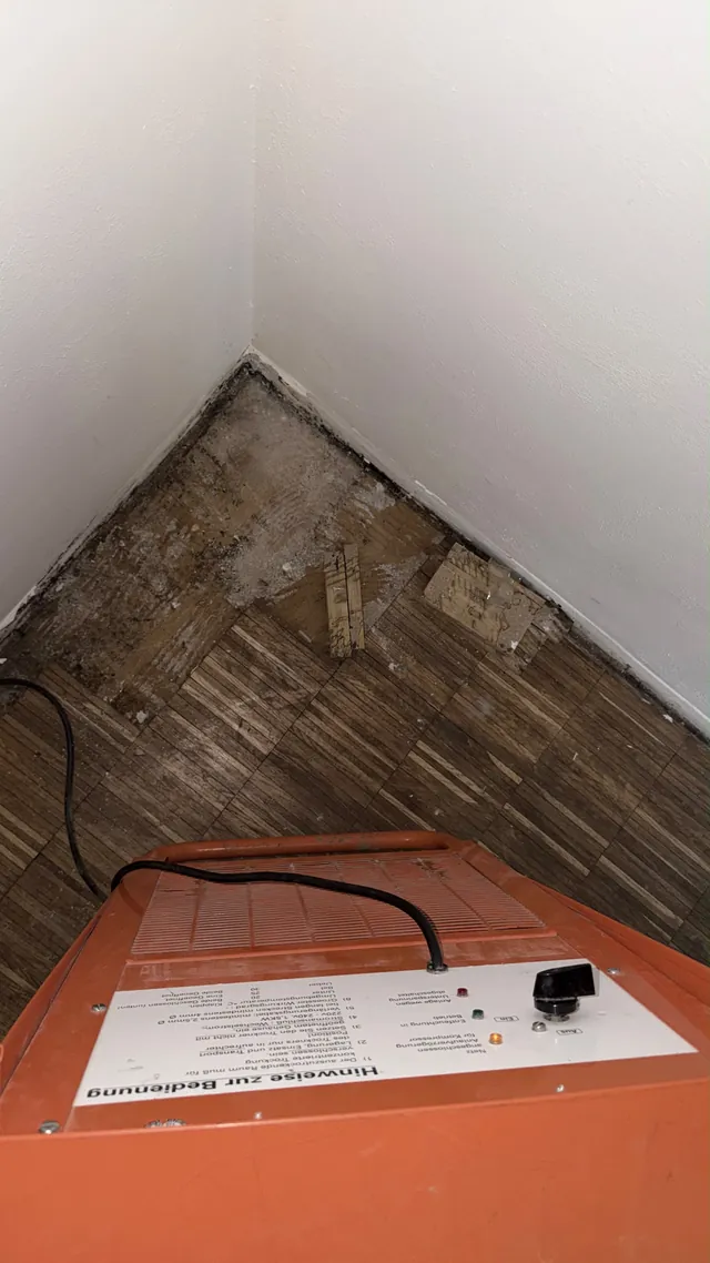 Geöffneter Boden am Wandanschluss einer Souterrain-Wohnung während der Trocknung