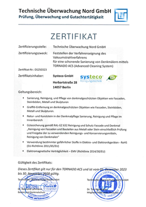 TÜV-Zertifikat Denkmalschutz Graffitientfernung